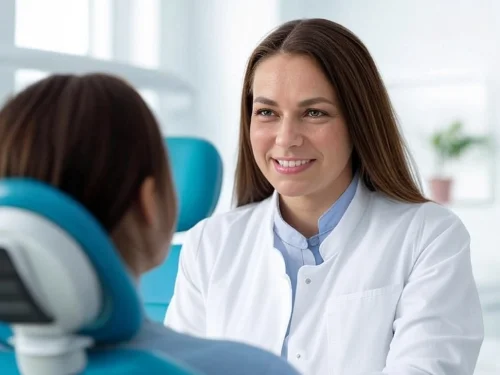 Dentista sonriendo mientras atiende a un paciente en una clínica moderna, mostrando un servicio profesional para diseño web y estrategias de fidelización en centros de salud