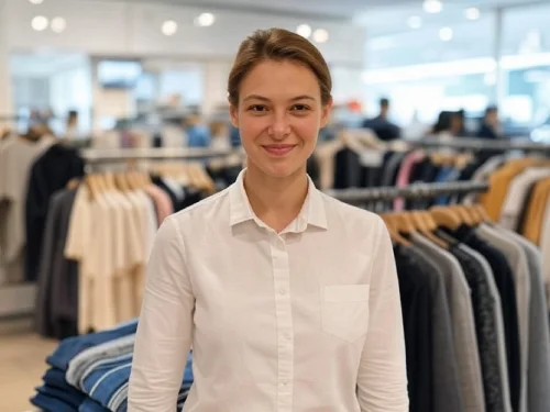 Dependienta sonriendo mientras atiende a un cliente en una tienda de ropa local, mostrando un servicio profesional para diseño web y estrategias de fidelización en comercios.