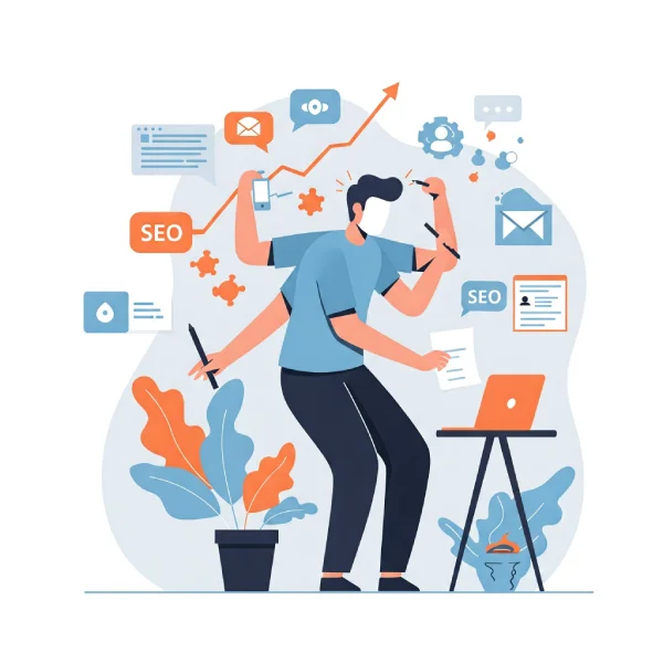 Ilustración de un autónomo gestionando su negocio con ayuda de marketing digital: ordenador con gráficos de crecimiento, teléfono móvil y elementos de redes sociales. Diseño minimalista en azules y naranjas.