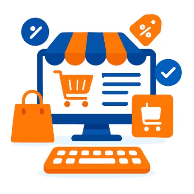 Sevilla: Ilustración digital representando el diseño de tienda online ecommerce, estilo moderno y colores corporativos