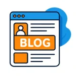 Sevilla: Ilustración de diseño web con blog, con ordenador, iconos y entorno digital moderno