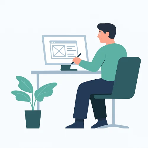 Sevilla; Ilustración de una persona diseñando una página web profesional en un escritorio, ideal para representar el proceso de creación web para negocios locales.